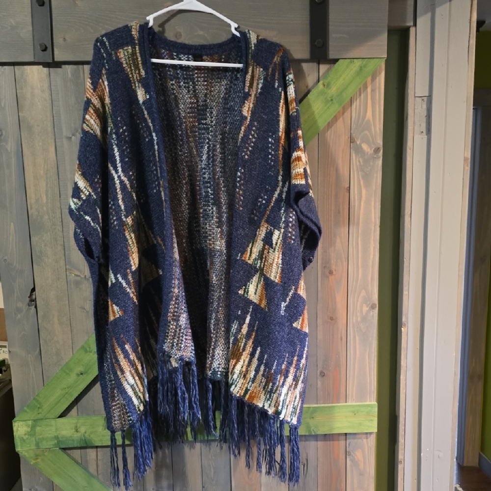 Navy and Multicolor Fringed Women's Sweater